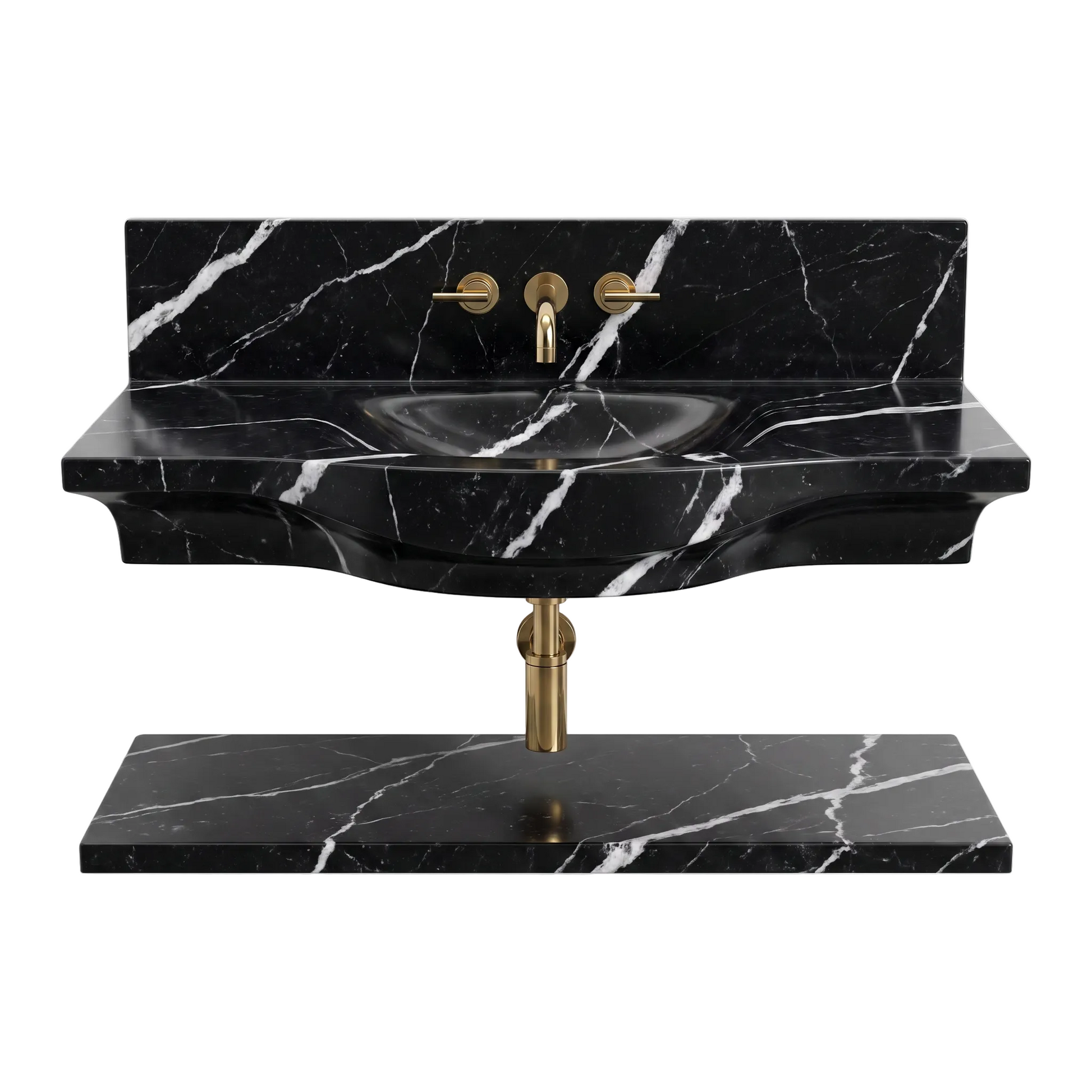 Monza 30 inch Nero Marquina wall mounted marble bathroom sink with matching floating marble shelf