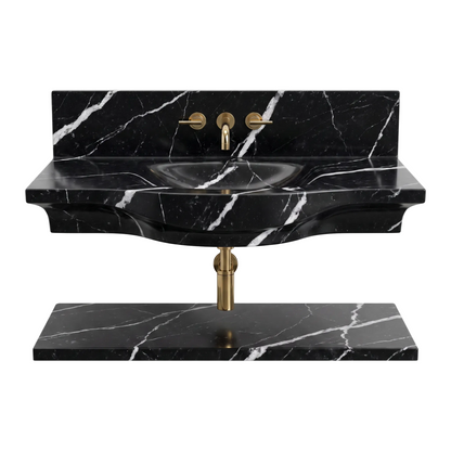 Monza 30 inch Nero Marquina wall mounted marble bathroom sink with matching floating marble shelf