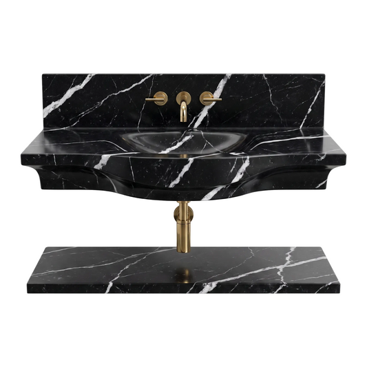 Monza 30 inch Nero Marquina wall mounted marble bathroom sink with matching floating marble shelf