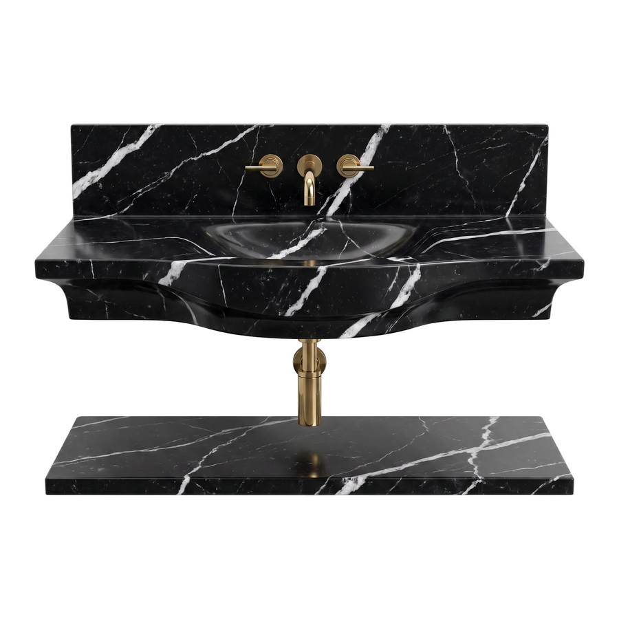 Monza – Custom Wall-Mounted Nero Marquina Marble Bathroom Sink with Floating Shelf
