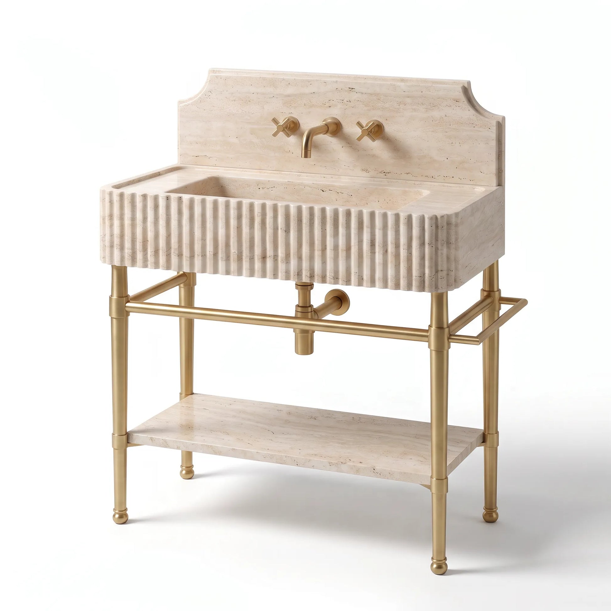 A freestanding bathroom vanity with a rectangular apron-front sink in ribbed beige stone, a matching backplate, brass faucet and plumbing, and a lower shelf on a white background.