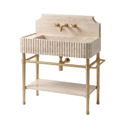 Noble 30 inch Travertine marble bathroom vanity with fluted sink, solid brass console legs and matching marble shelf