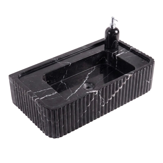 Noirmont 30 inch Nero Marquina fluted wall mounted marble bathroom sink with integrated basin