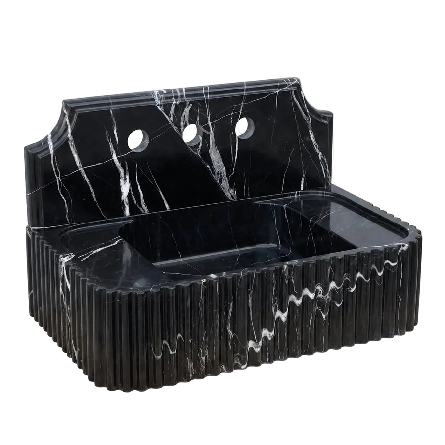 Noirva Custom Wall-Mounted Fluted Nero Marquina Marble Bathroom Sink with Backsplash