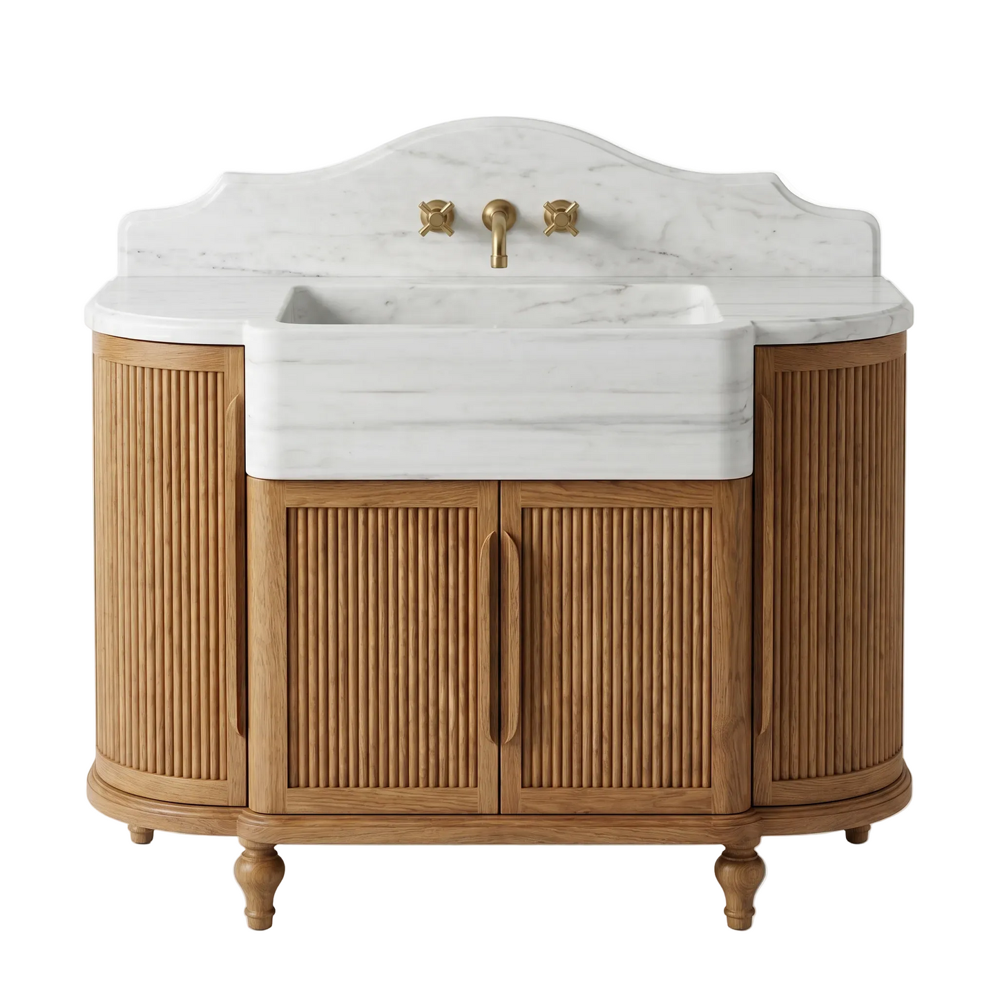 Norbourne custom Carrara White marble bathroom vanity with scalloped backsplash and handcrafted fluted oak cabinet