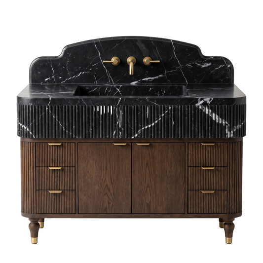 Norwood custom Nero Marquina marble fluted bathroom vanity with integrated sink, backsplash and handcrafted dark walnut cabinet