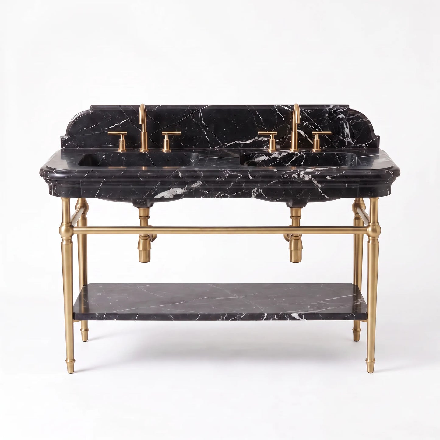 A double bathroom vanity with a black marble top and sink basin featuring white veining, supported by a polished brass frame with an open lower shelf.