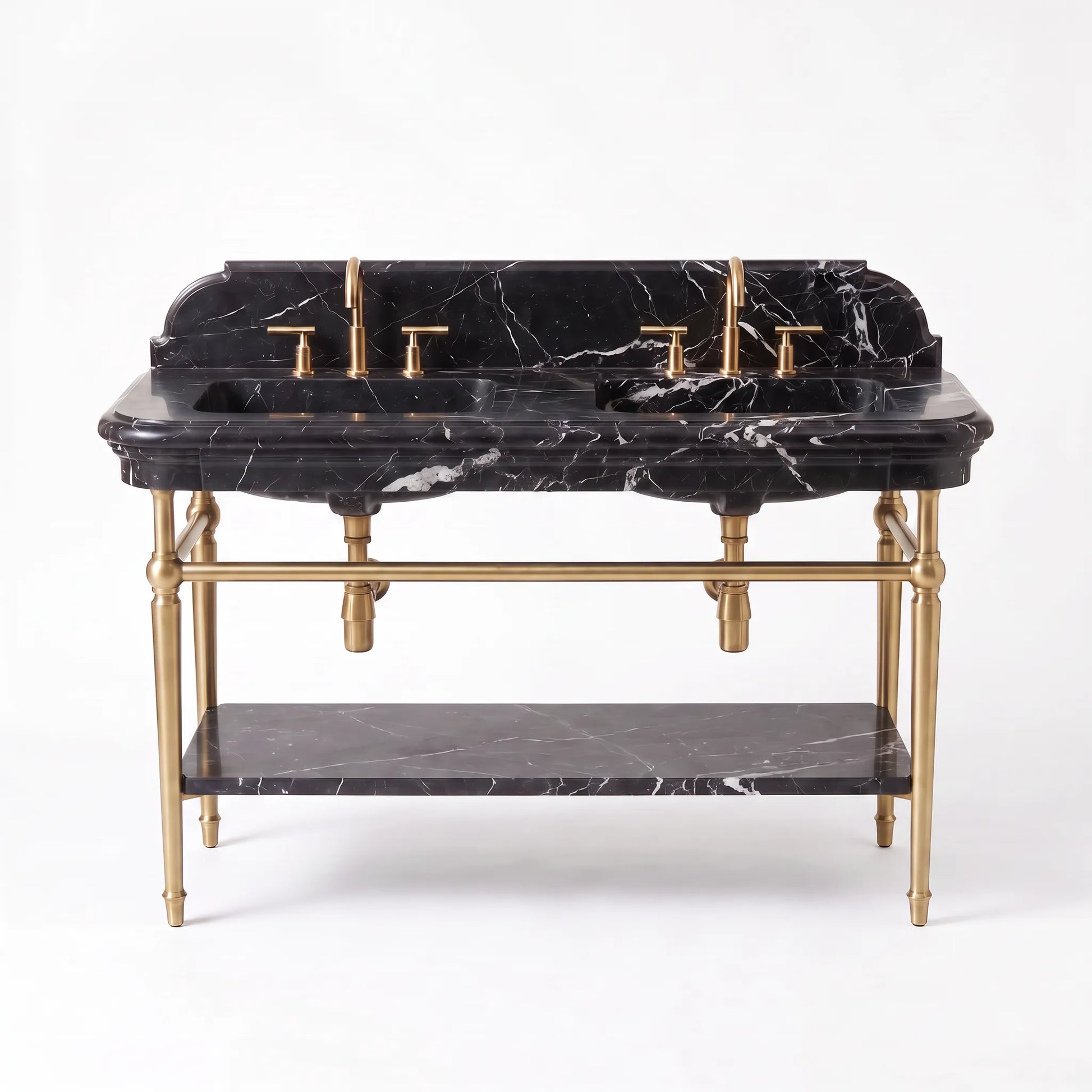 A double bathroom vanity with a black marble top and sink basin featuring white veining, supported by a polished brass frame with an open lower shelf.