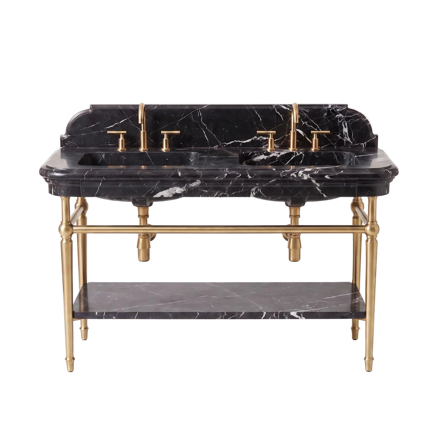 Nova – Custom Nero Marquine Double Marble Sink Vanity with Solid Brass Console Legs