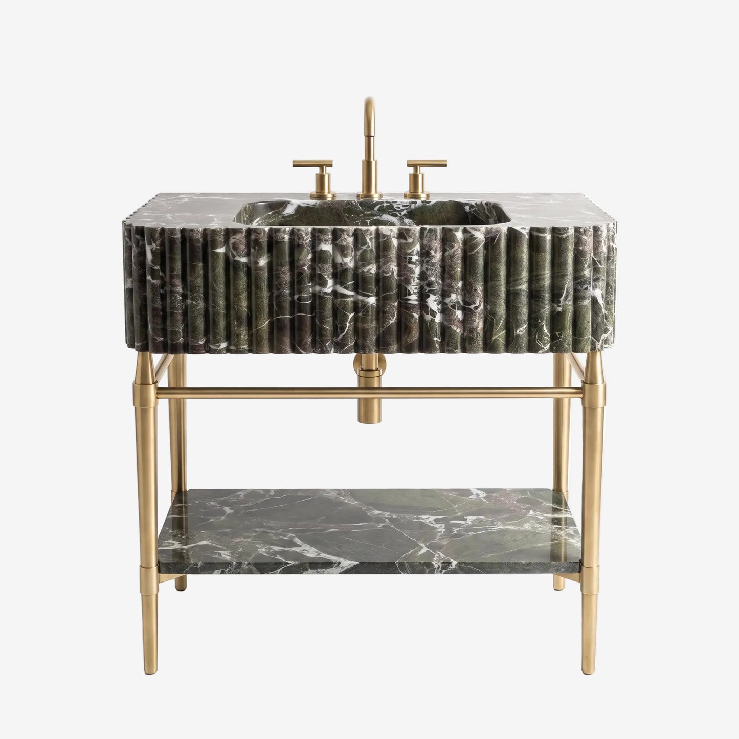 A modern vanity sink with a dark green marble top and matching marble shelf, supported by a gold-finished metal frame with a central faucet and separate hot and cold handles.