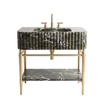 Novara 30 inch green marble bathroom vanity with sink, solid brass console legs and matching marble shelf