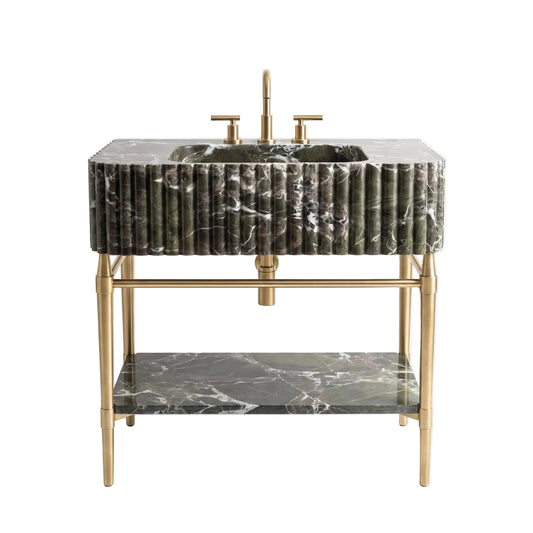 Novara 30 inch green marble bathroom vanity with sink, solid brass console legs and matching marble shelf