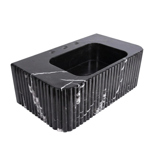 Obsidio 30 inch Nero Marquina fluted wall mounted marble bathroom sink with integrated basin