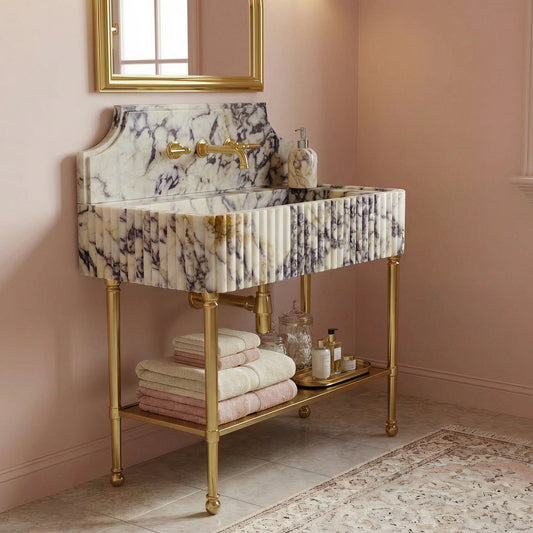 Calacatta Viola Fluted 8" backsplash Marble Sink  With Brass Console Legs
