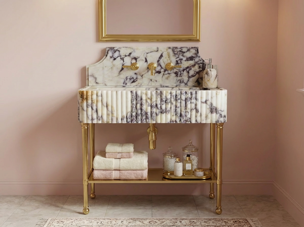 Calacatta Viola Fluted 8" backsplash Marble Sink with Brass Console Legs