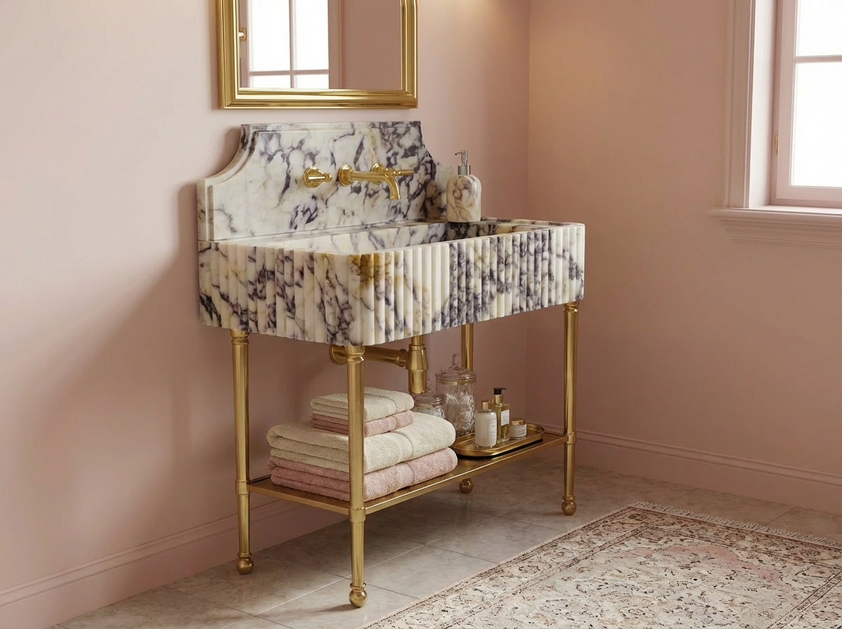 Calacatta Viola Fluted 8" backsplash Marble Sink with Brass Console Legs