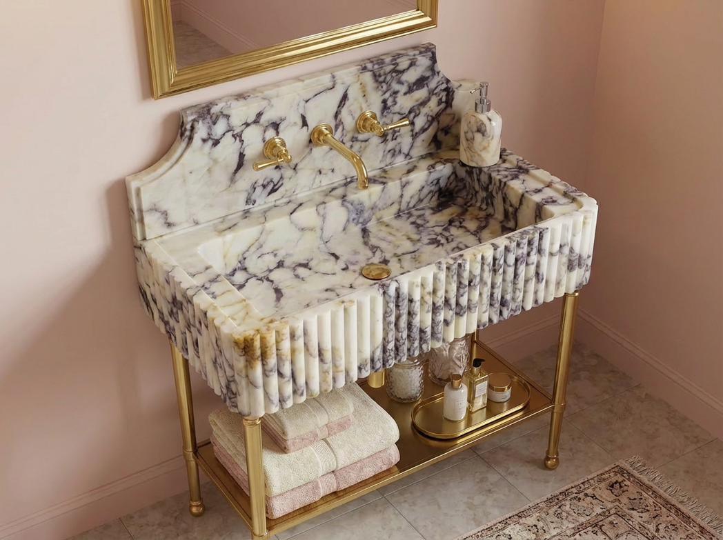 Calacatta Viola Fluted 8" backsplash Marble Sink with Brass Console Legs