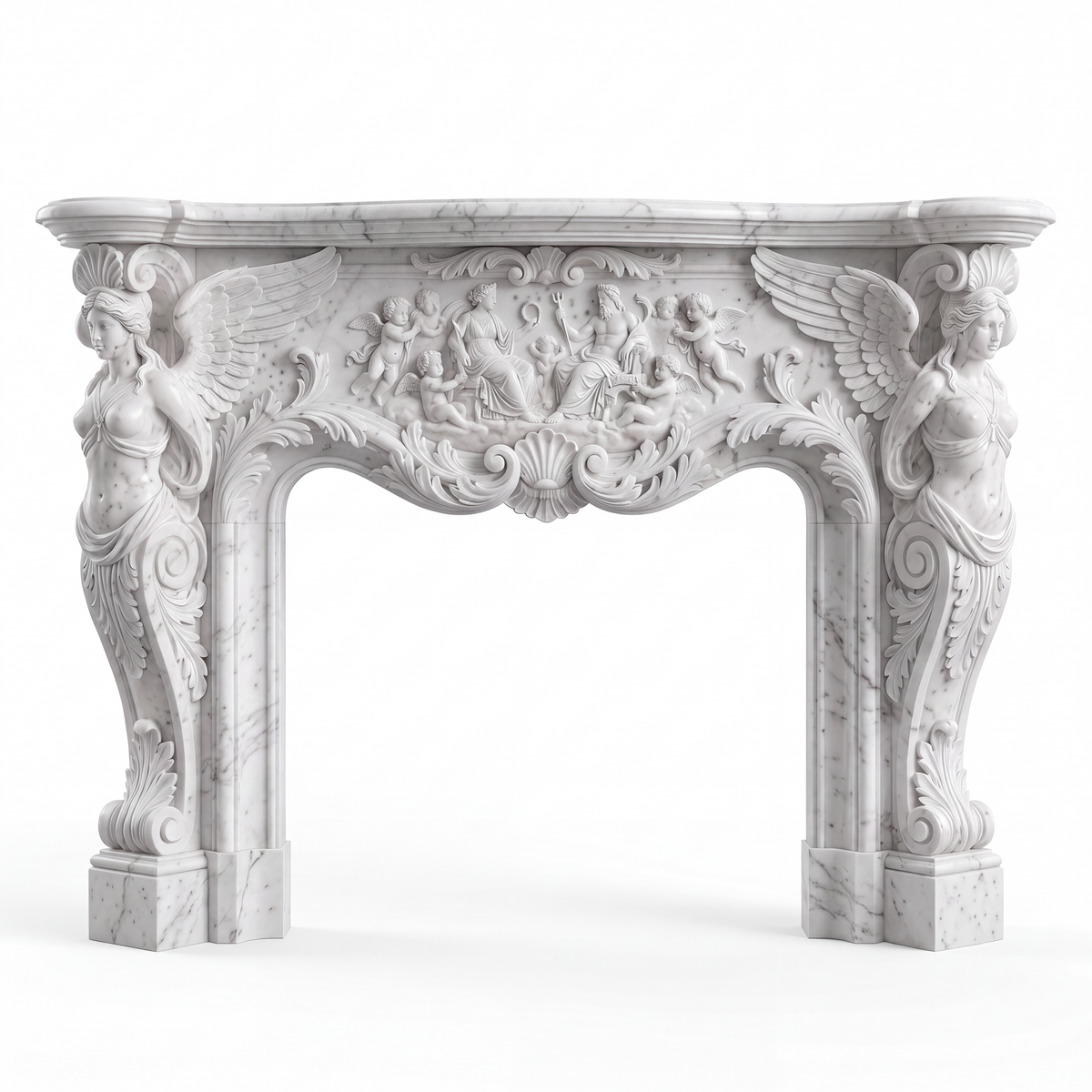 Custom Carrara White marble fireplace mantel and surround with hand-carved winged female figures, classical mythological relief, cherubs, acanthus leaves, and ornate sculptural details.