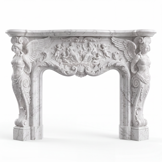 Custom Carrara White marble fireplace mantel and surround with hand-carved winged female figures, classical mythological relief, cherubs, acanthus leaves, and ornate sculptural details.