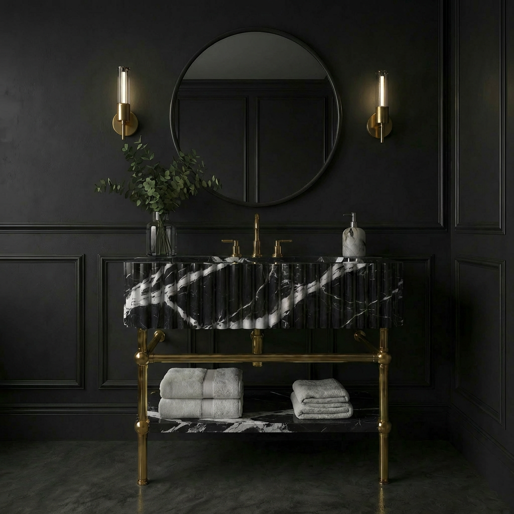 30" Nero Marquina Fluted Marble Sink With Brass Console Legs