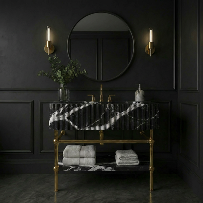 30" Nero Marquina Fluted Marble Sink With Brass Console Legs