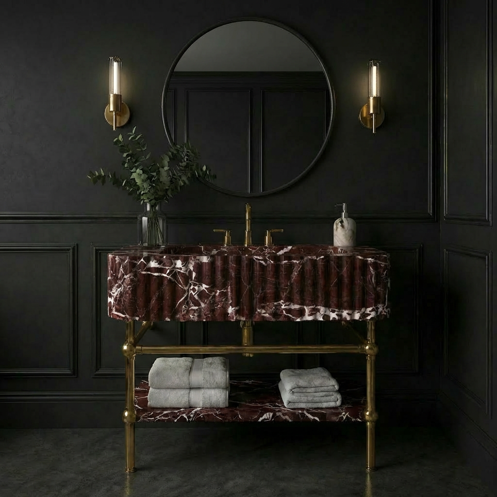 30" Rosso Levanto Fluted Marble Sink With Brass Console Legs
