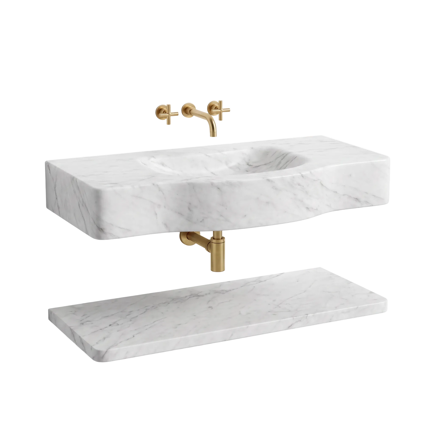 Oregon 30 inch Carrara White wall mounted marble bathroom sink with matching floating marble shelf