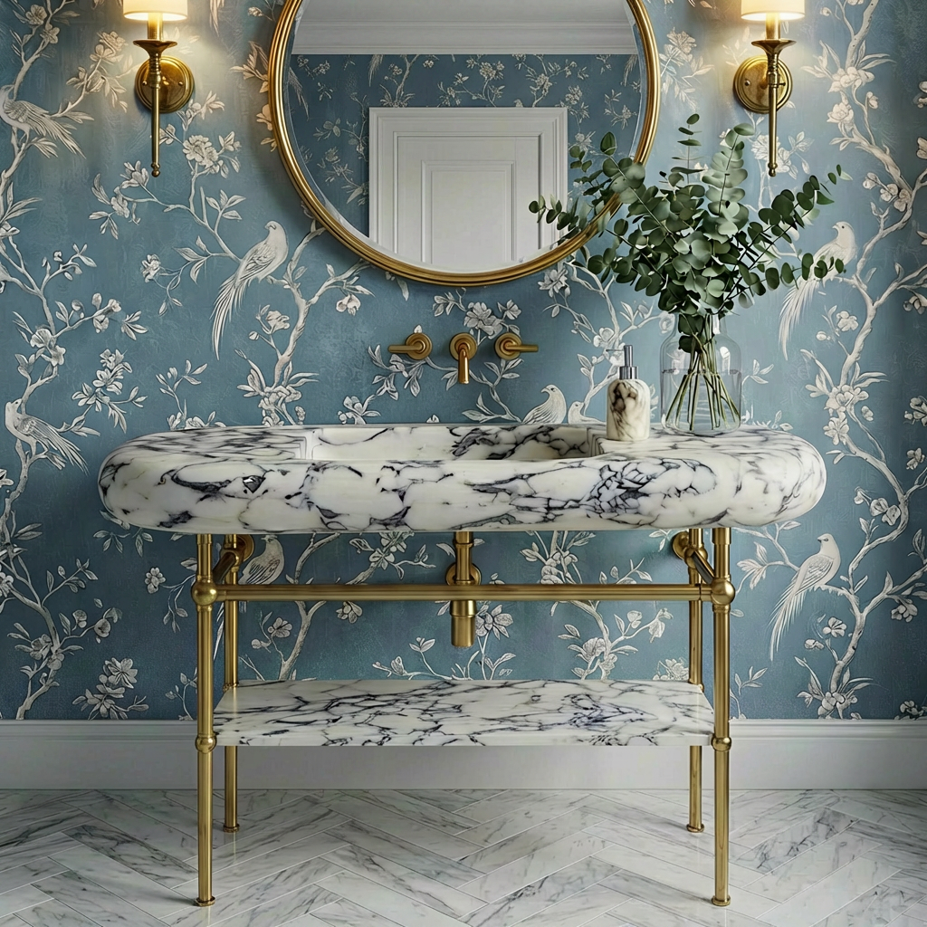 60" Marble Sink with Rounded Edges with Brass Console legs