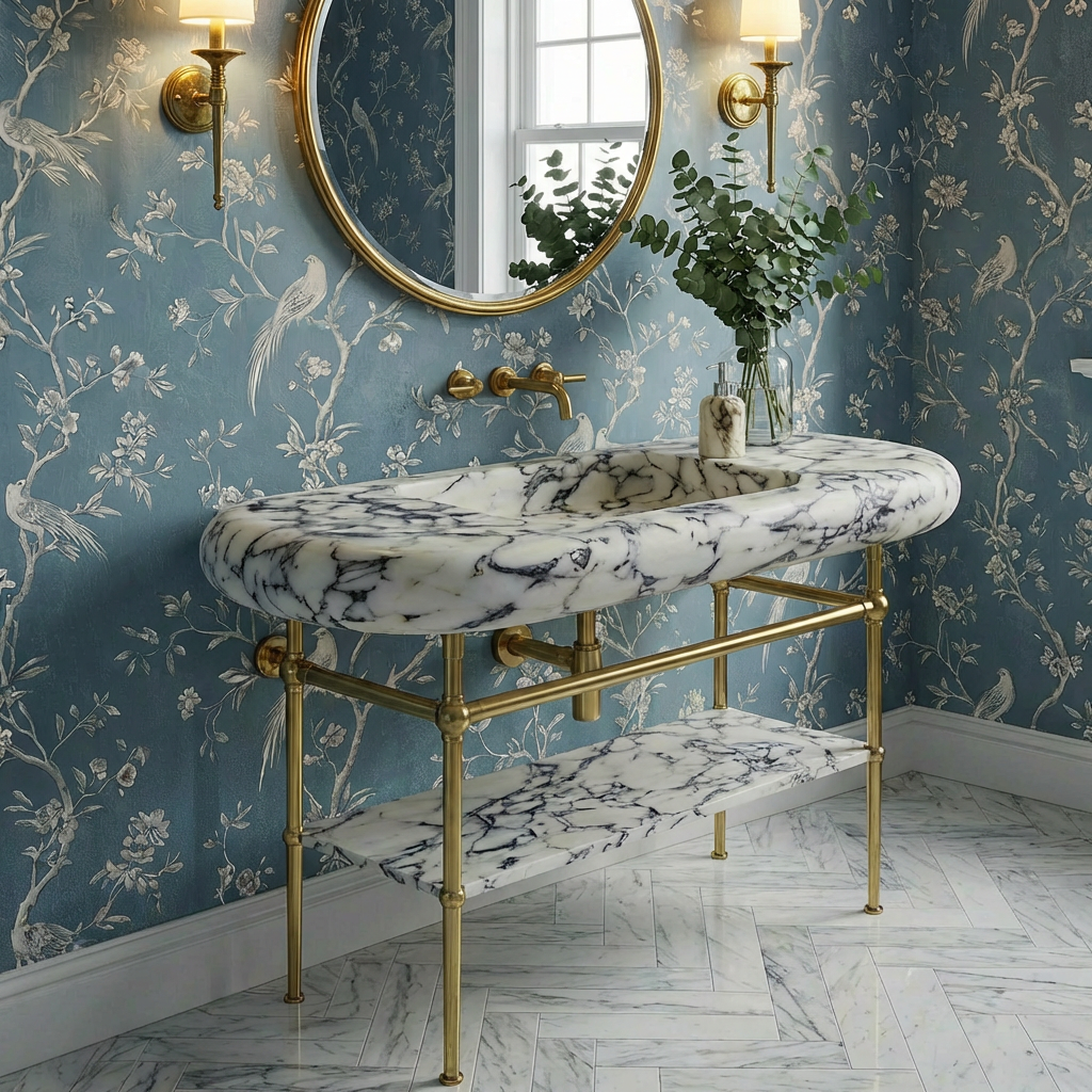 60" Marble Sink with Rounded Edges with Brass Console legs