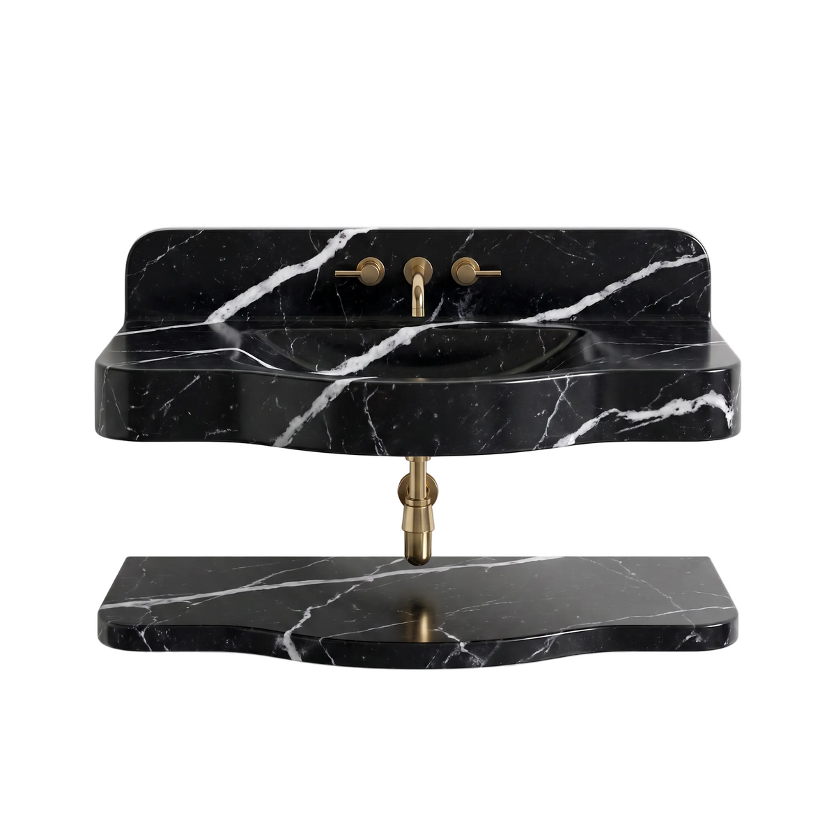 Orsini 30 inch Nero Marquina wall mounted marble bathroom sink with matching floating marble shelf