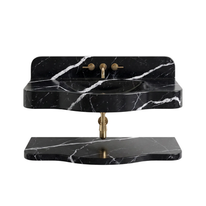Orsini 30 inch Nero Marquina wall mounted marble bathroom sink with matching floating marble shelf