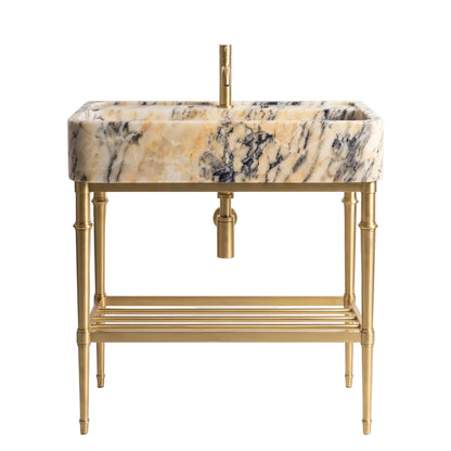 Orvieto 30 inch Calacatta Viola marble bathroom vanity with sink, solid brass console legs and matching marble shelf