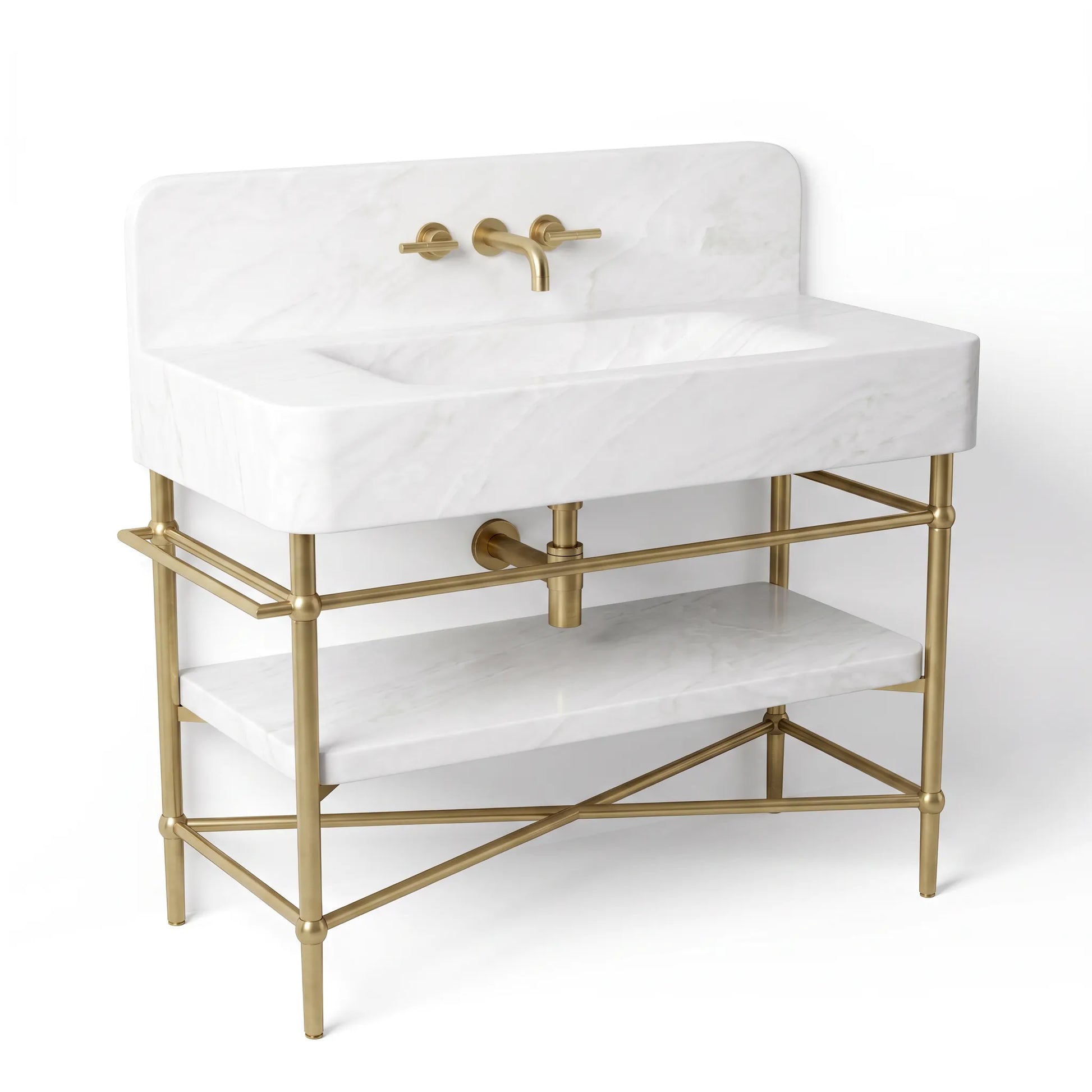 A freestanding bathroom vanity with a white marble sink top and back panel, a white marble shelf, and a gold-finished metal frame and faucet, shown on a light gray studio background.