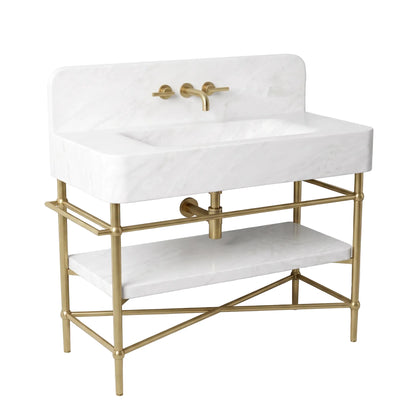 Palermo 30 inch Carrara White marble bathroom vanity sink with backsplash, brass console legs and matching marble shelf