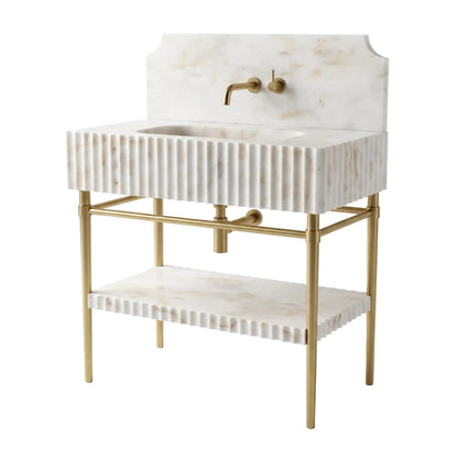Parma 30 inch Afyon Sugar marble bathroom vanity with fluted sink, backsplash and solid brass console legs