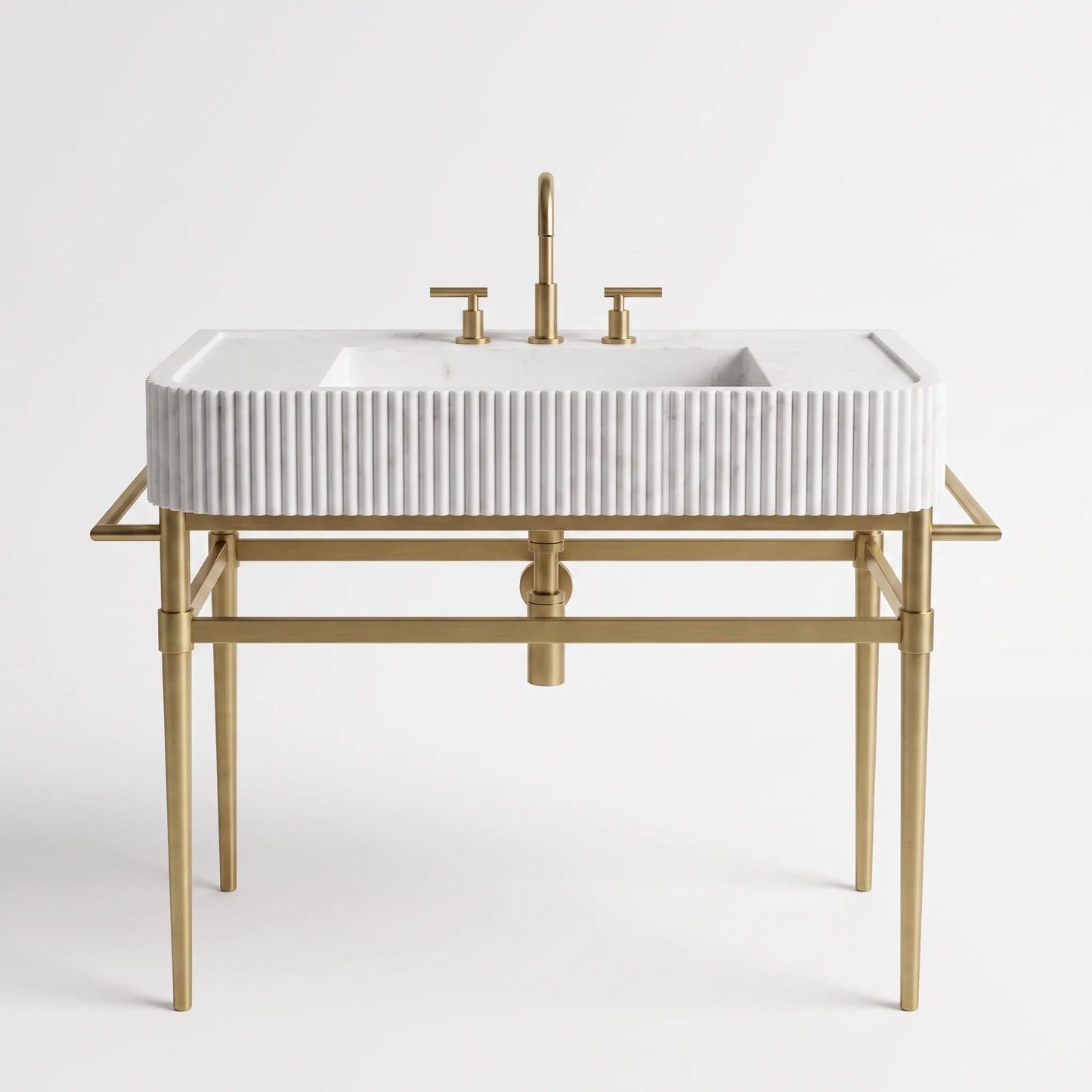 A modern bathroom vanity set featuring a white rectangular sink with a ribbed front, mounted on a gold-finished metal frame with a matching tall faucet and cross-handle fixtures, shown against a plain white background.