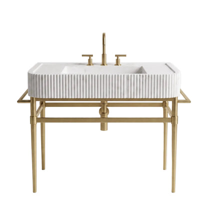 Perugia 30 inch Carrara White marble bathroom vanity with fluted sink and solid brass console legs