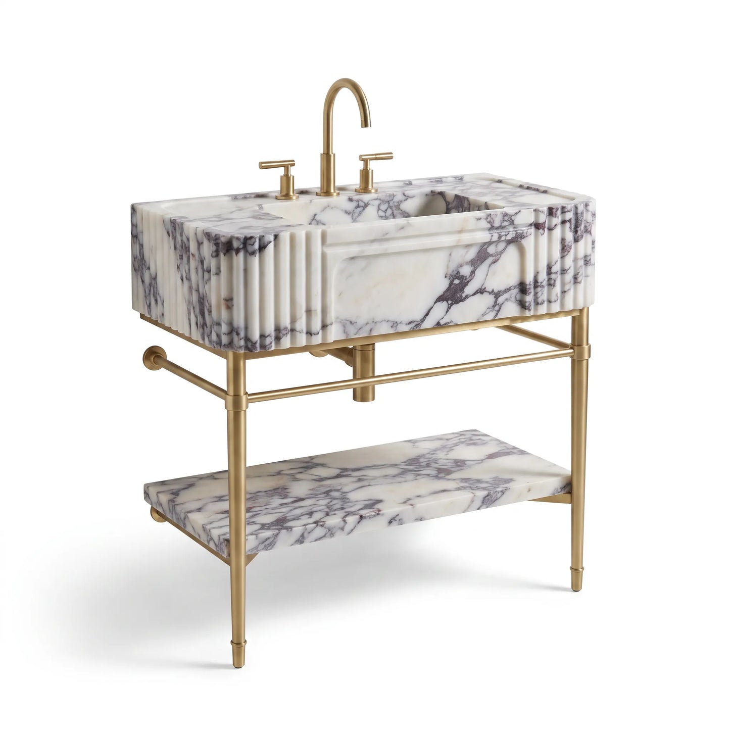 A modern bathroom vanity featuring a rectangular white marble sink with gray veining, a matching marble shelf, and a polished gold-finished metal frame with a curved faucet and two-handle mixer.