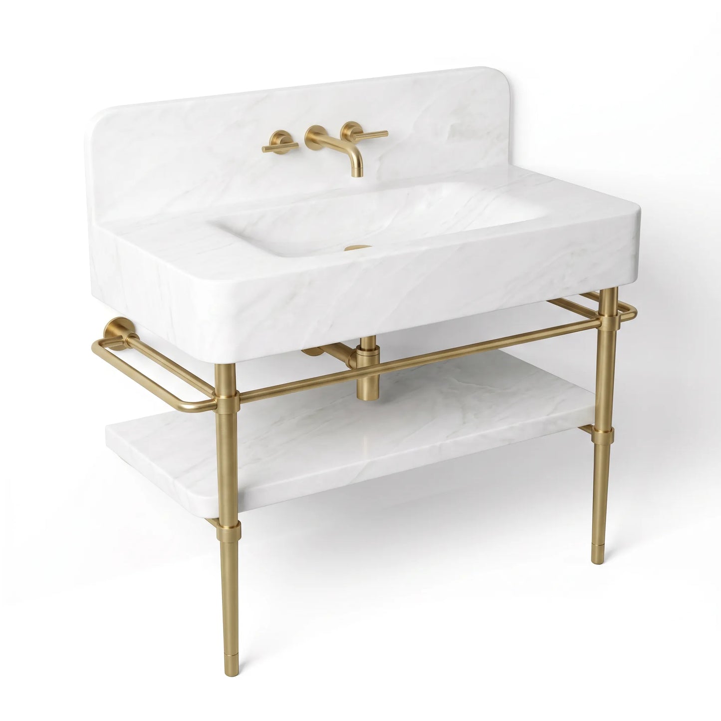 A modern bathroom vanity set featuring a white marble sink basin with a matching marble backsplash and shelf, supported by a gold-finished metal frame with a wall-mounted faucet and warm brass-toned hardware.