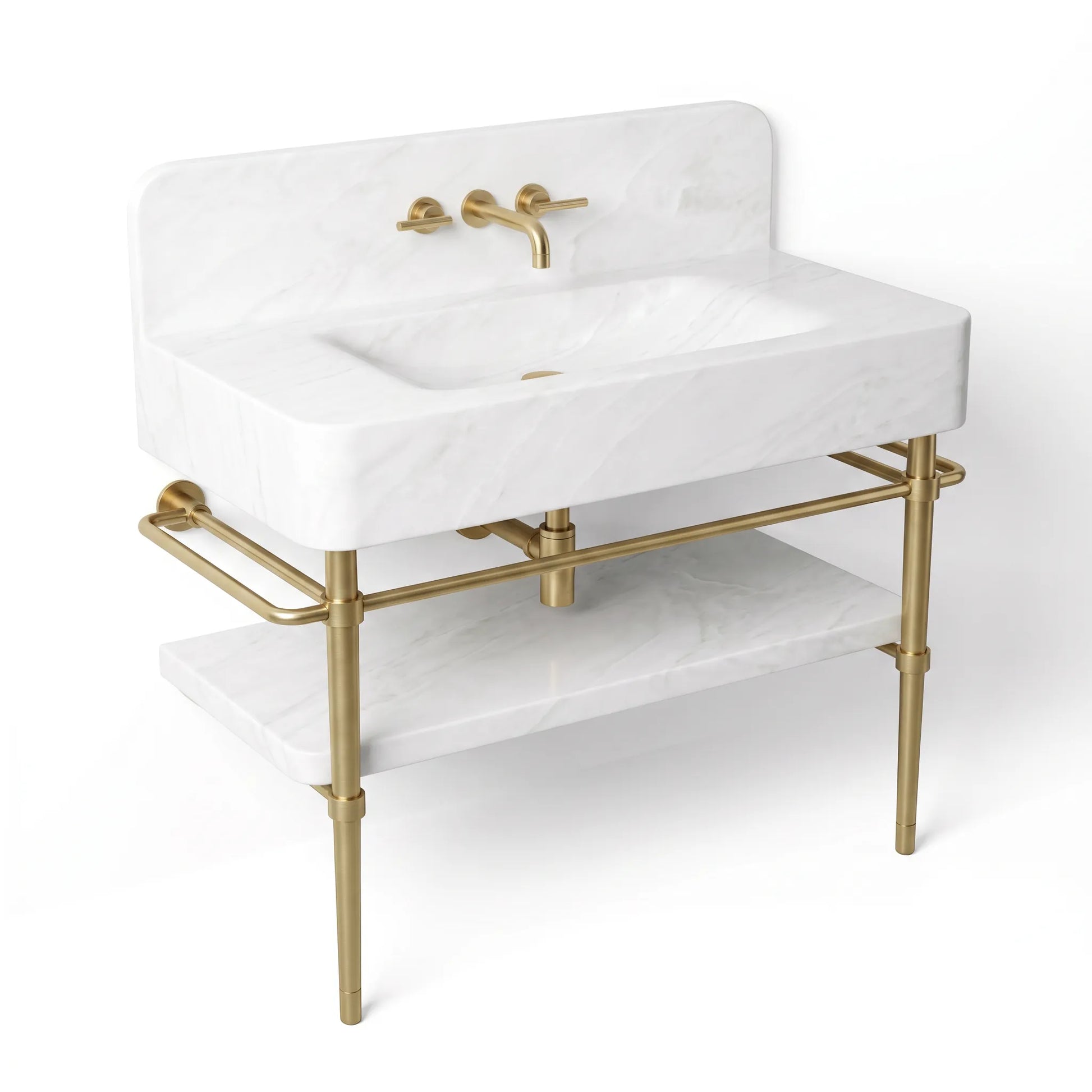 A modern bathroom vanity set featuring a white marble sink basin with a matching marble backsplash and shelf, supported by a gold-finished metal frame with a wall-mounted faucet and warm brass-toned hardware.