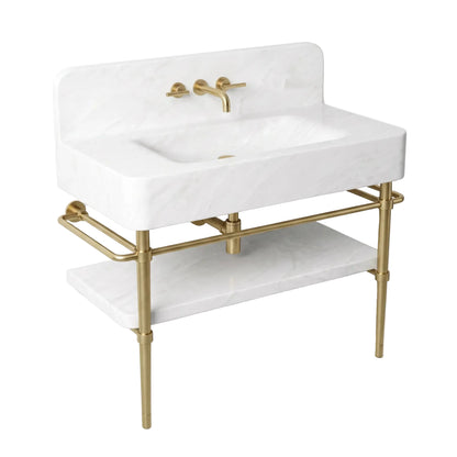 Positano 30 inch Carrara White marble bathroom vanity sink with backsplash, brass console legs and matching marble shelf