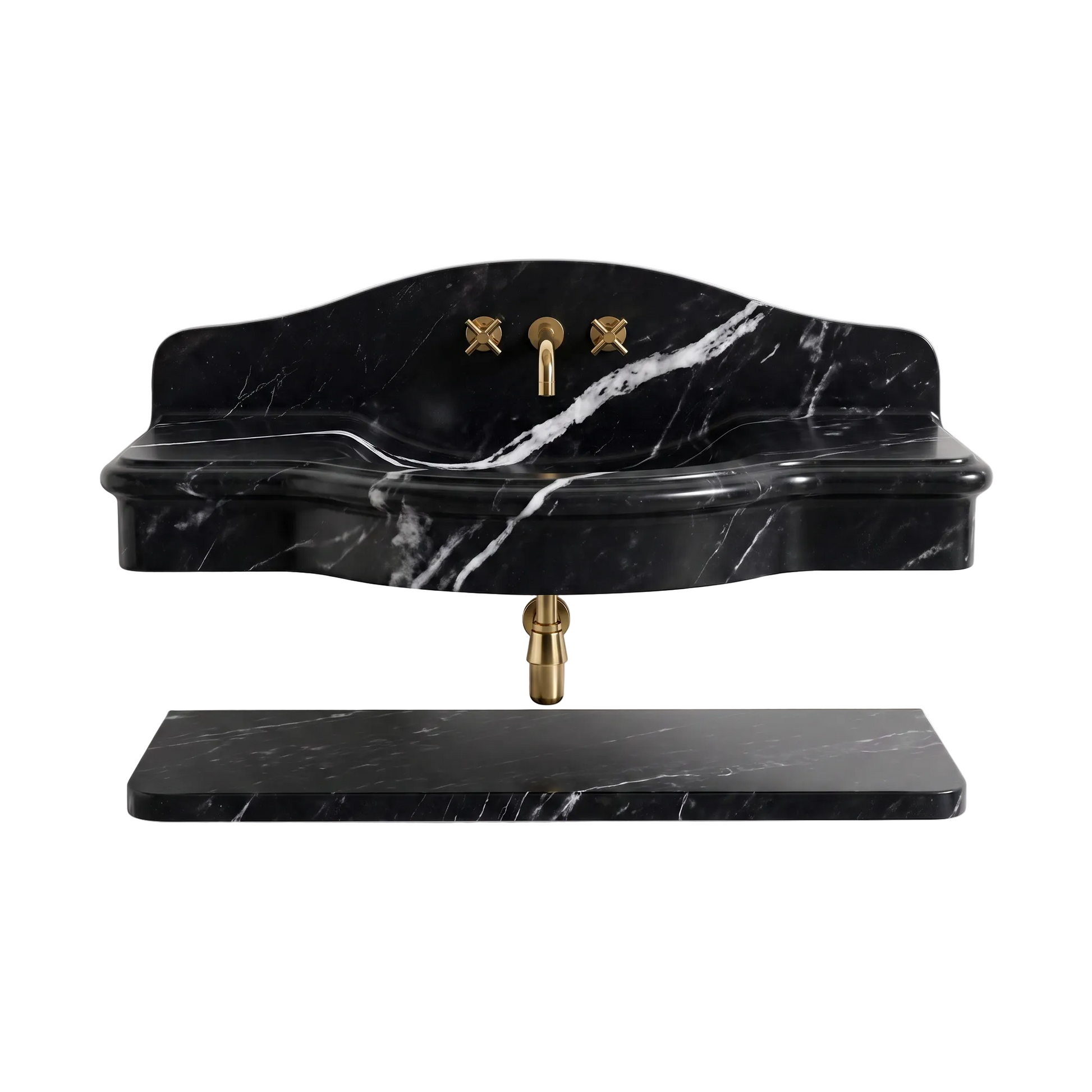 Positano 30 inch Nero Marquina wall mounted marble bathroom sink with matching floating marble shelf
