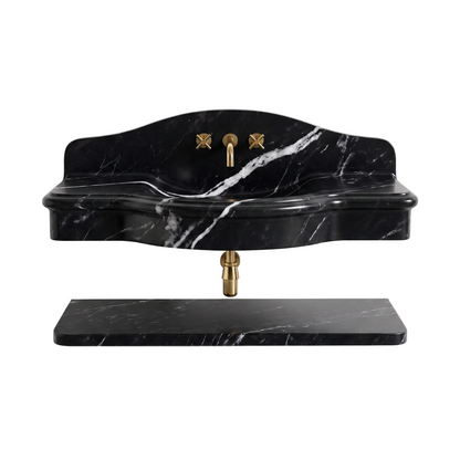 Positano 30 inch Nero Marquina wall mounted marble bathroom sink with matching floating marble shelf
