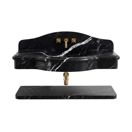Positano 30 inch Nero Marquina wall mounted marble bathroom sink with matching floating marble shelf