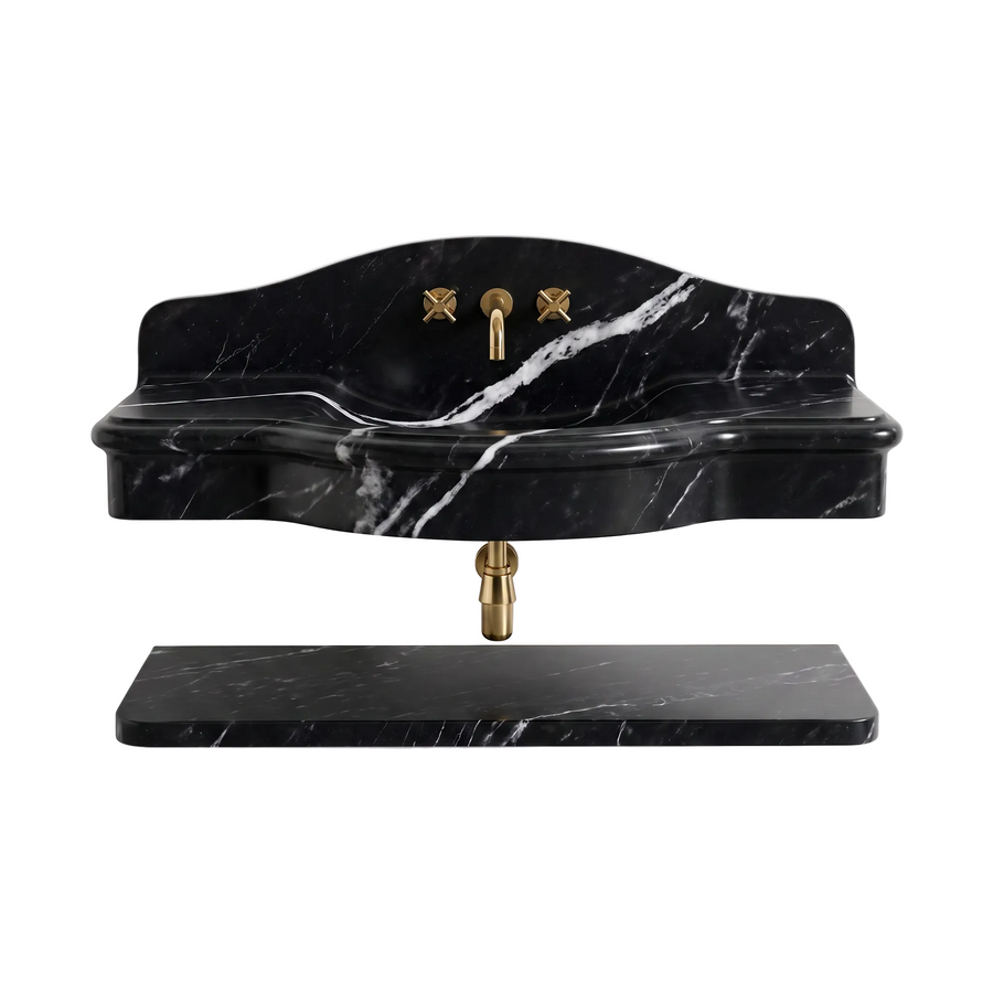 Positano – Custom Wall-Mounted Nero Marquina Marble Bathroom Sink with Floating Shelf