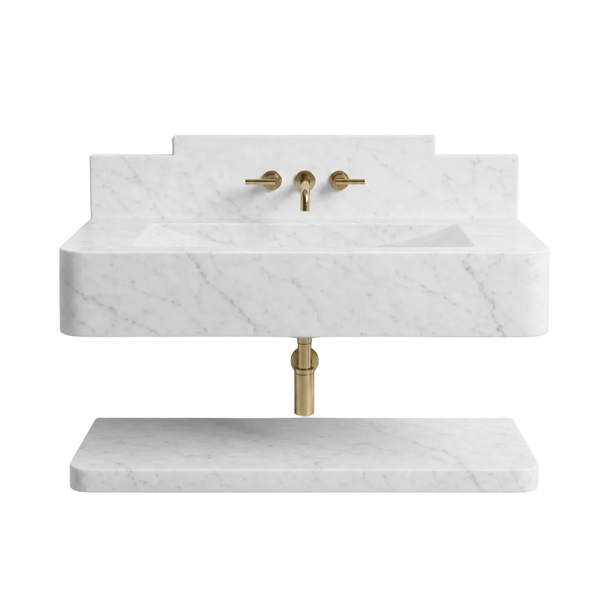 Prague 30 inch Carrara White wall mounted marble bathroom sink with backsplash and floating marble shelf