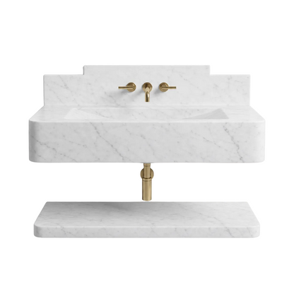 Prague 30 inch Carrara White wall mounted marble bathroom sink with backsplash and floating marble shelf