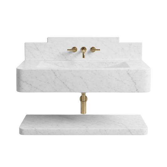 Prague 30 inch Carrara White wall mounted marble bathroom sink with backsplash and floating marble shelf