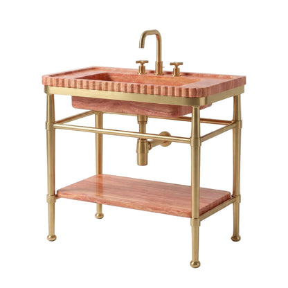 Prestige 30 inch Red Travertine marble bathroom vanity with sink, solid brass console legs and matching marble shelf
