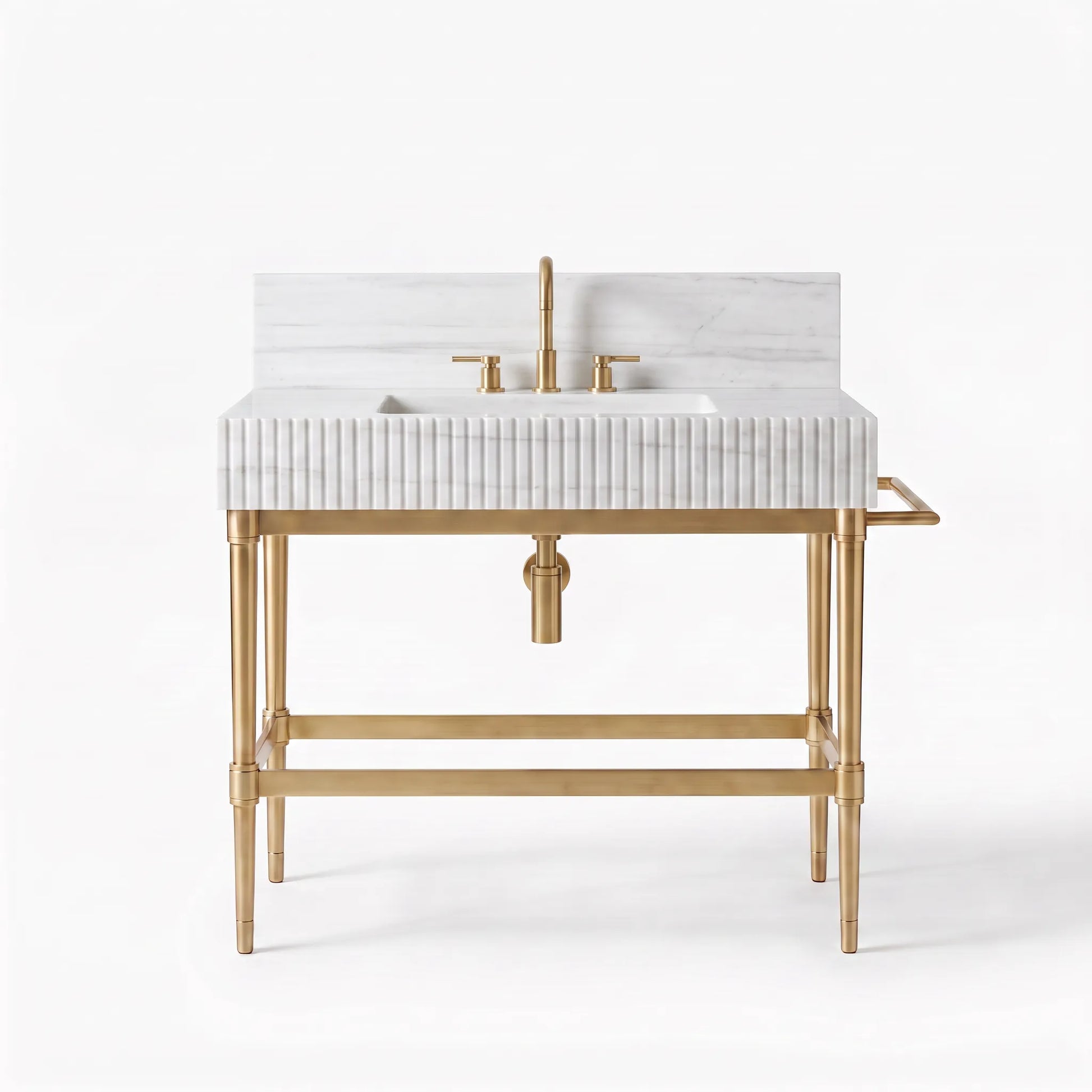 A modern bathroom vanity with a white marble-look rectangular sink top, ribbed front, and a gold-finished metal frame, faucet, and drain, shown on a clean white background.